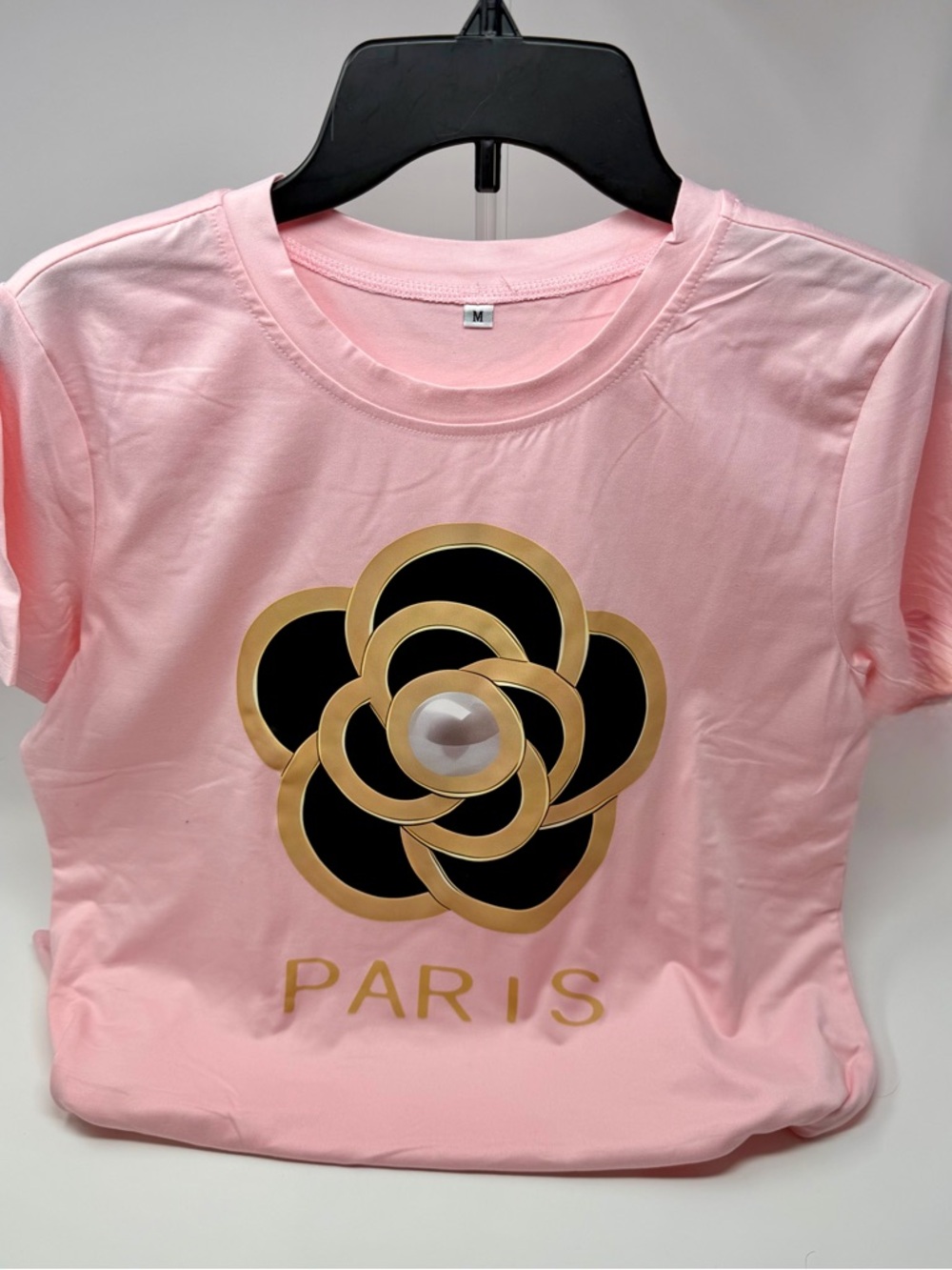 Pink Graphic Tee with Gold & Black Floral Emblem NWOT - Picture 2 of 4
